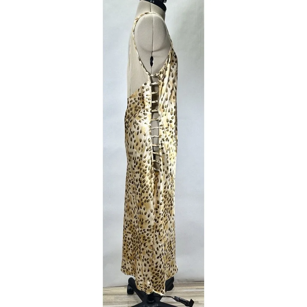 Cinema Etoile Cut Out Side Slip Long Gown Animal Sexy Satin Leopard V Neck Style
